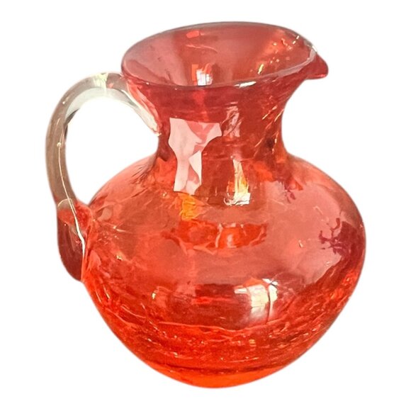 Vintage Crackled Red Art Glass Small Pitcher With Clear Handle And Rim 3.5" Tall - Picture 3 of 6